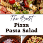 A wooden bowl filled with pasta salad ingredients, including pepperoni, mozzarella, and tomatoes.