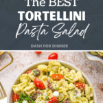 A bowl of pasta salad featuring tortellini, tomatoes, basil, and mozzarella.