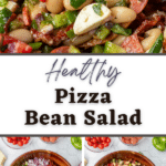 A salad bowl filled with bean salad, containing many veggies and toppings.