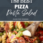 A wooden spoon taking a portion of pasta salad from a larger portion.