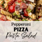 A wooden spoon taking pasta salad from a large bowl.