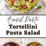 A bowl of pasta salad featuring tortellini, cherry tomatoes, mozzarella, and basil.