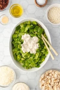 A bowl of romaine with caesar dressing dolloped on top.