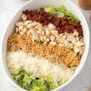 A romaine based salad topped with bacon, chicken, toasted breadcrumbs, and parmesan cheese.