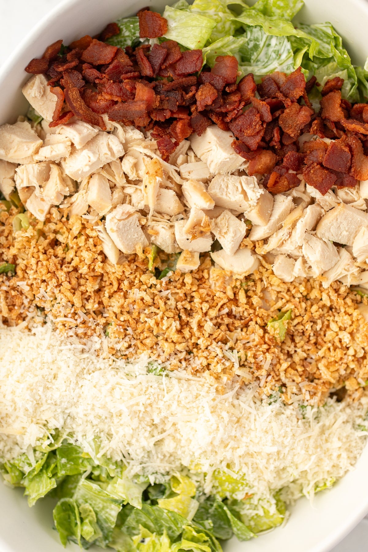 A salad with romaine, parmesan, breadcrumbs, chicken, and crispy bacon.