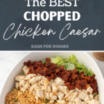 A salad topped with parmesan, breadcrumbs, chicken, and bacon.