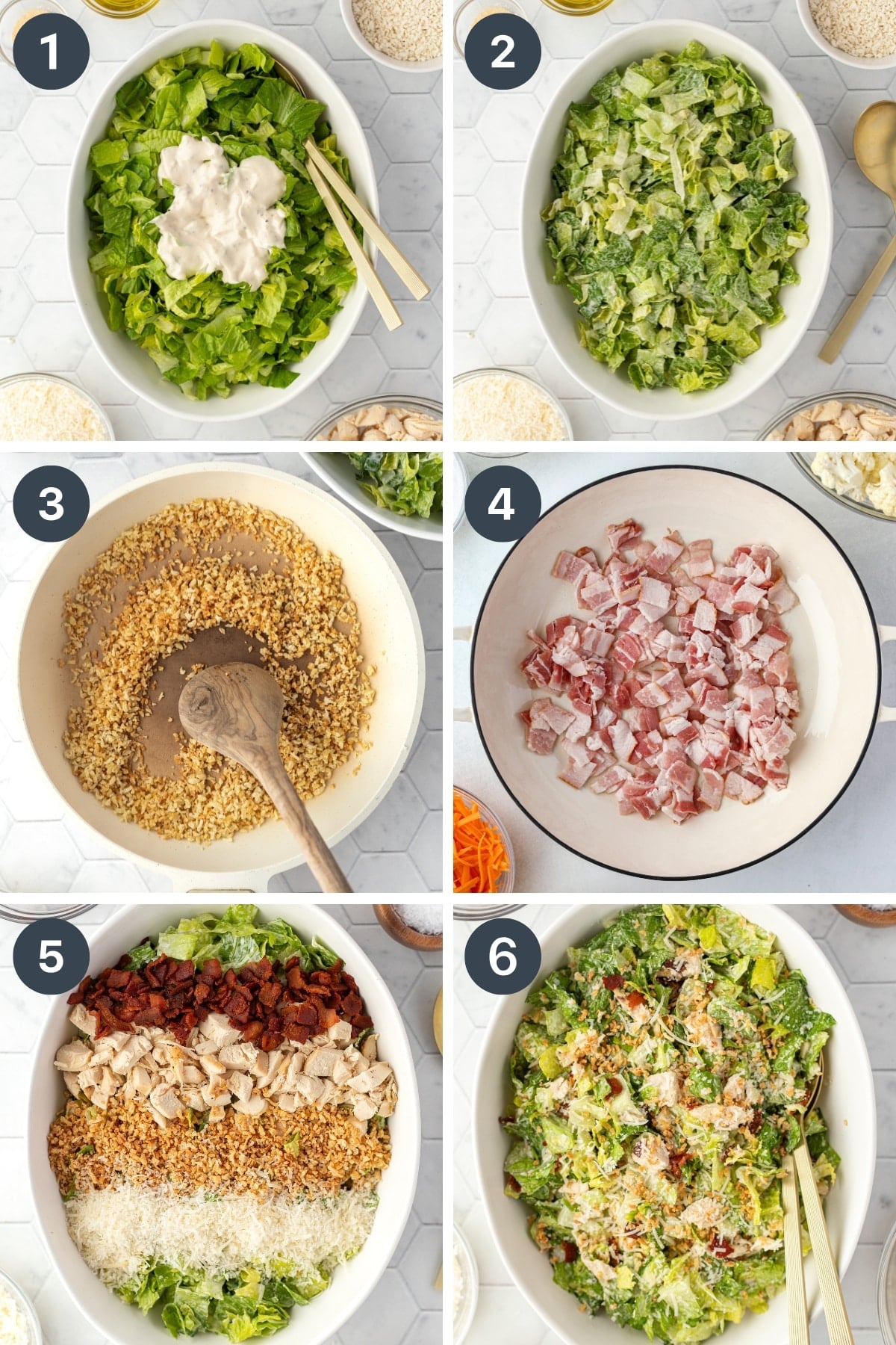 Assembling a salad by dressing romaine, then adding bacon, breadcrumbs, parmesan, and chicken pieces.