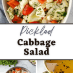 A bowl of cabbage salad with red bell pepper, dill, and peppercorns.