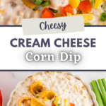 Dipping a corn chip into a cream cheese based dip topped with bell pepper and green onion.