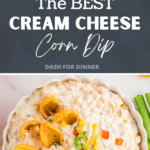 A large bowl of creamy corn dip topped with bell pepper, green onions, and cheese, with fritos for dipping.