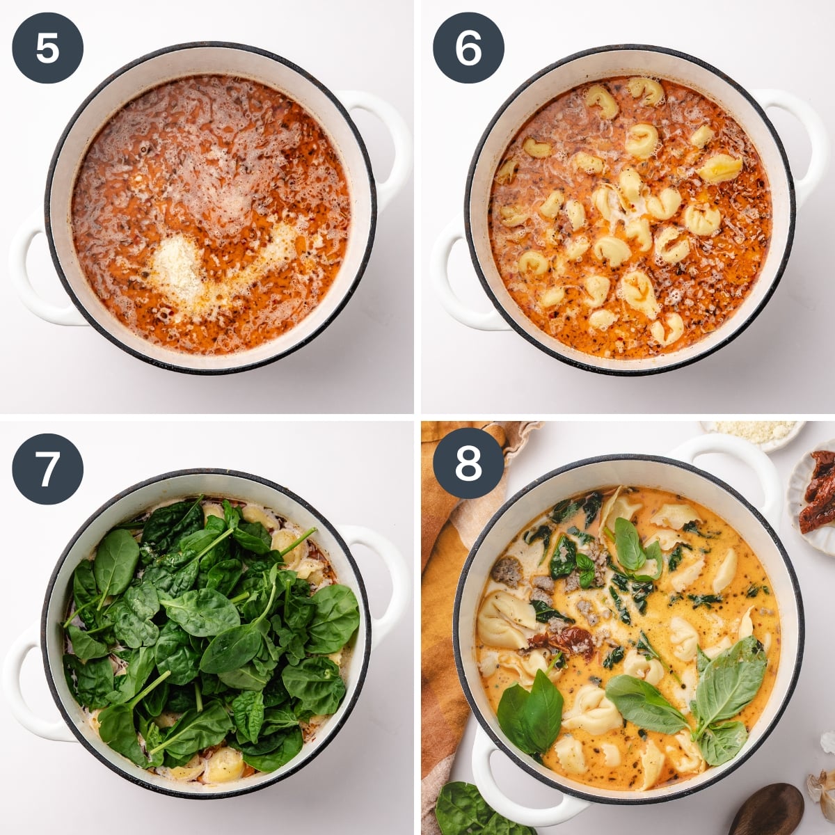Adding tortellini, spinach, parmesan, and cream to a soup base.