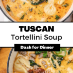 A dutch oven filled with creamy soup, featuring tortellini