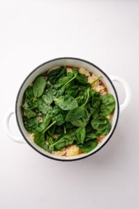 A soup pot piled with fresh baby spinach.
