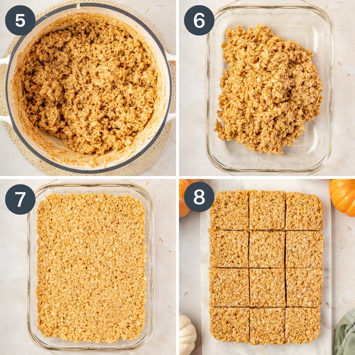 Adding mixed cereal treats into a baking dish, then slicing them into bars.