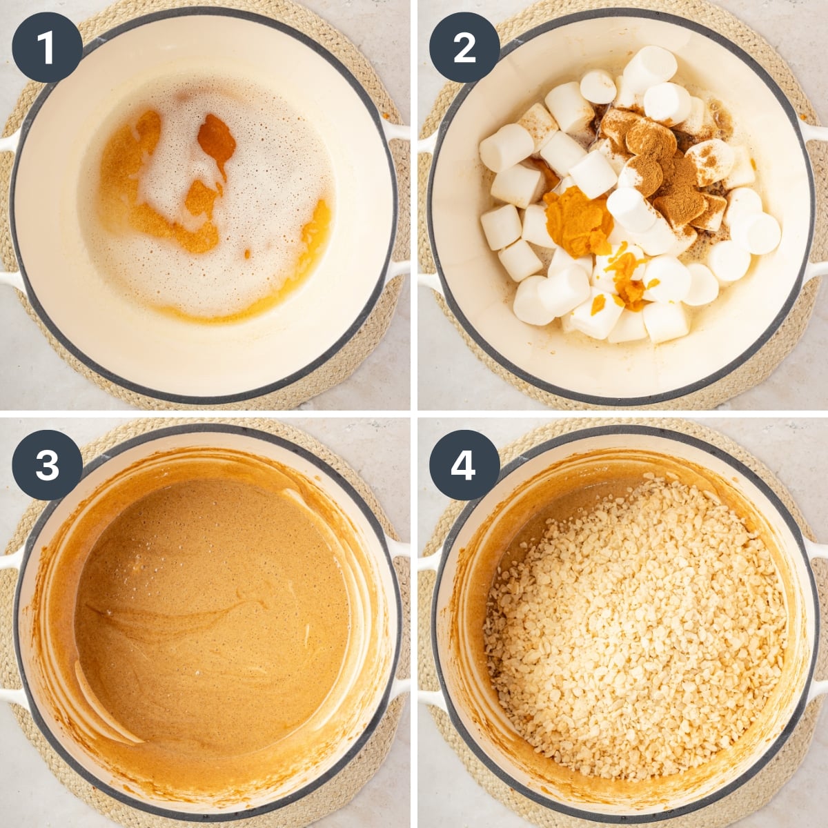Adding marshmallows, pumpkin pie spice, and pumpkin puree to melted butter, then folding in rice krispies.
