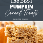 A stack of pumpkin cereal treats on a white surface.