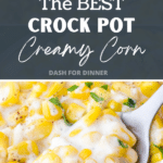 A serving spoon taking a portion of cream cheese corn from a dish.